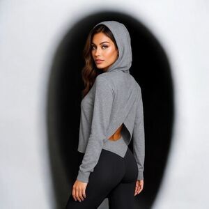 Y2K Fabletics Minimalist Hoodie Gray Sweater Women's M Open Back Drape Hem Cozy‎
